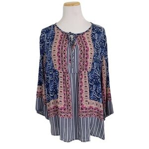 Grand & Greene Peasant Top Boho Mixed Print Size 1X